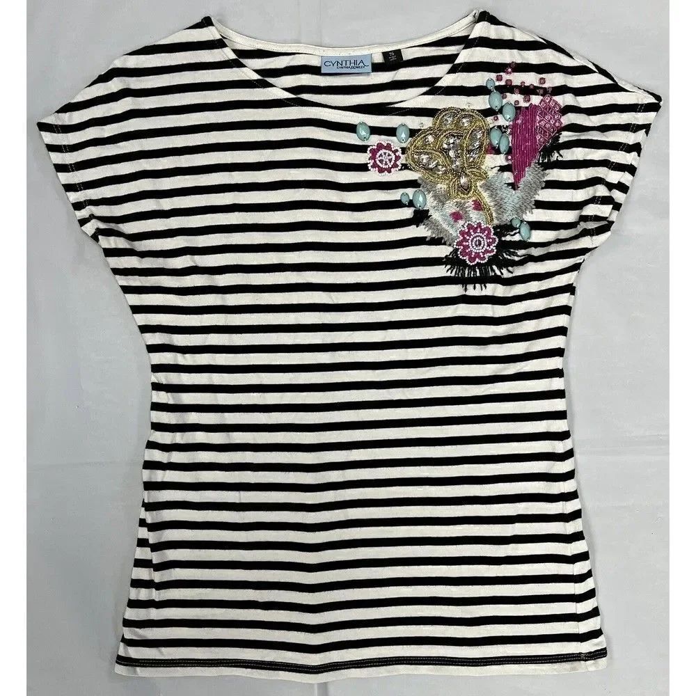 Cynthia Rowley T-Shirt Cap Sleeve Beaded  Embellishment Black & White Top Size S